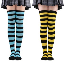 Women Striped Thigh High Stockings, MH MOIHSING Extra Long Cotton Over Knee Tube Long Stocks High Stockings For Woman Girls Cosplay/Goth/Christmas Party One, size-(Black/Blue & Black/Yellow)