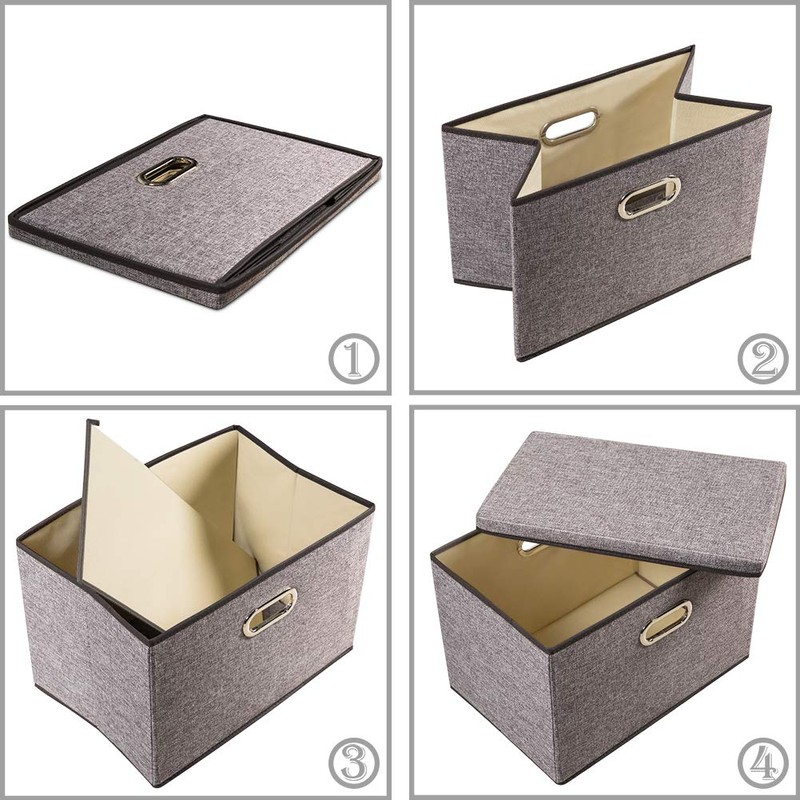 PRANDOM Large Collapsible Storage Bins with Lids [3-Pack] Linen/Cotton Blend
