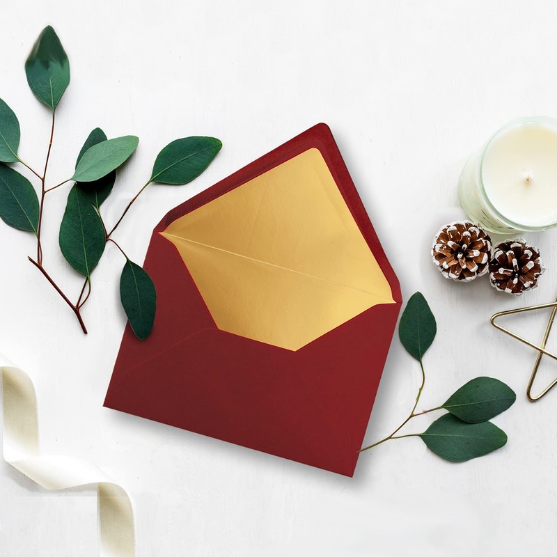 50 x metallic gold lined envelopes DIN C5, dark red,