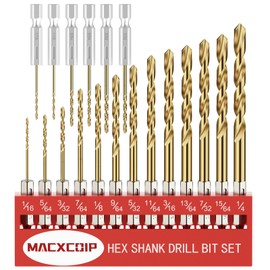 Hex Shank Drill Bit Set, 19Pcs Titanium Twist Drill Bit for Sheet Metal, Wood, Plastic, Quick Change Design (1/16" - 1/4")