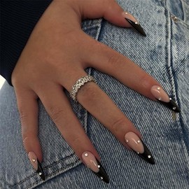 24Pcs Black French Tip Press on Nails Short LINMEIZAI with Rhinestones Design Fake Nails Press ons Nail Tips Glue on Nails Full Cover Acrylic Nail Kit False Nails Stickers Nail Art for Women Manicure