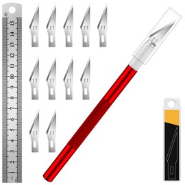 DIYSELF 1 Pcs Craft Knife Hobby Knife with 11 Pcs Stainless Steel Blades Kit, 1pcs Steel 15MM Ruler for Art, Scrapbooking, Stencil(Red)
