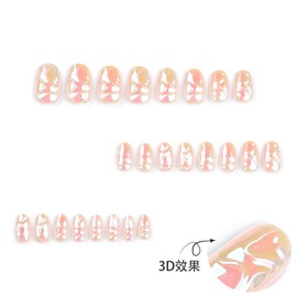 evpct Spring & Summer Glossy Press on Nails Short Oval, Aurora Glazed Fake Nails Press ons with 3D Pattern Design, Light Weight Perfectly Fit Nails for Women Gift, Fake Nail Kit with Glue Gel, 24Pcs