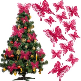Jutom 24 piezas de adornos de mariposas para árbol de Navidad de 3 tamaños, adornos de mariposas 3D de purpurina huecas para Navidad, mariposas de Nav