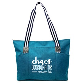 Brooke & Jess Designs Chaos Coordinator Teacher Tote Bag for Work - Teal Zipper Handbag Gifts for Women, Best Teacher Appreciation Gift