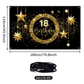 Koliphy 18th Birthday Decoration, 18th Happy Birthday Banner for Boys Girls, Black Gold Fabric 18 Birthday Banner Background Party Decoration Indoor and Outdoor
