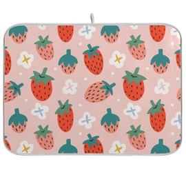 Pink Strawberry Dish Drying Mat for Kitchen Fruits Flowers Microfiber Drying Mats Absorbent Reversible Dish Pad Medium Dish Draining Mat 18x24 inch