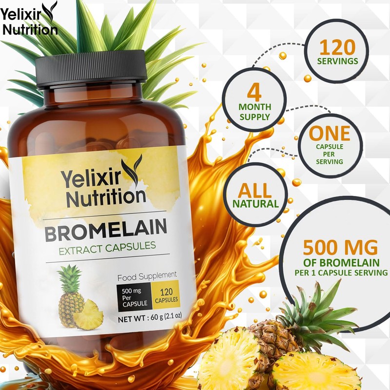 Yelixir Nutrition Bromelain Capsules 120 nos (2400 GDU/g), High Strength
