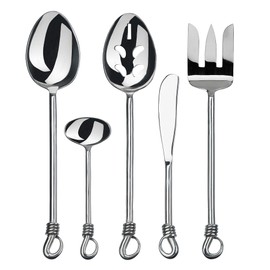 Gourmet Settings 5-Pieces Hostess Silverware Twist Collection Polished Metal Flatware Serving Set, Stainless Steel Kitchen Utensils Knife/Fork/Spoons