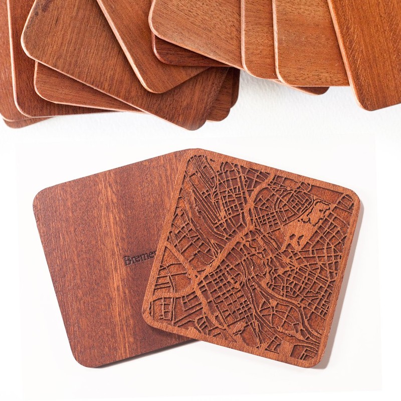 Bremen Map, Sapele Wood Coasters, Set of 4, City Map,