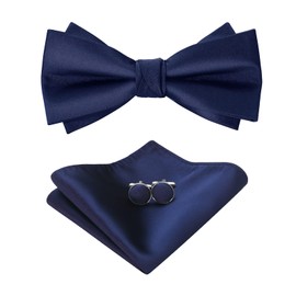 HOULIFE Bow Tie Men's Set - Adjustable Satin Polyester Bow Tie Pre-tied Bow Tie, Plain Pocket Square, Cufflinks Set for Groom Wedding Formal with Gift Box, navy blue