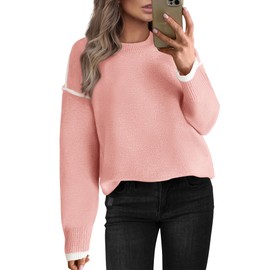 BTFBM Fall Sweaters for Women 2024 Trendy Casual Crew Neck Long Sleeve Loose Ribbed Knit Sweater Pullover Jumper Tops(Solid Pink, Large)