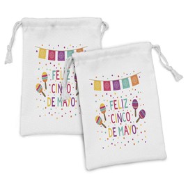 Lunarable Cinco de Mayo Fabric Pouch Set of 2, Feliz Cinco de Mayo Words with Colorful Flags and Partying Maraca Shapes, Small Drawstring Bag for Toiletries Masks and Favors, 9" x 6", Multicolor