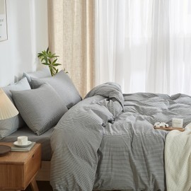 MWL Toy Striped Duvet Cover Set Queen Size, 3 Pcs Breathable Durable 100% Washed Cotton Comforter Cover for All Seasons, Chic Linen Like Textured Bedding Set (Dark Grey White Pinstripes, Queen)