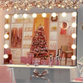 BEAUTME Large Vanity Mirror with Lights, Hollywood Makeup Mirror, Extra Large Lighted Mirror, Tabletop or Wall-Mounted Mirror with 16 Dimming LED Bulbs, Black(35.9''×24.3'')