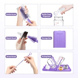 6 in 1 Baby Bottle Brush Set with Bottle Brush,Bottle Drying Rack,Straw Cleaner Brush,Nipple Brush,Soap Dispenser,Organizer Case - Space Saving Baby for Home and Travel Bottle Cleaner Kit (Purple)