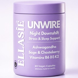 ELLASIE UNWIRE PM — Ashwagandha Cortisol & Hormone Balance Supplement for Women — Stress & Sleep Support with Chasteberry (Vitex), Sage, Vitamin B6, D3, K2 — 60 Vegan Capsules, 1 Month Supply