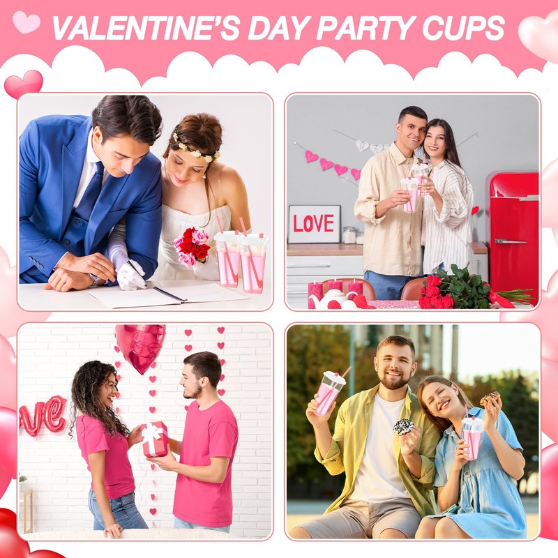 Potchen 60 Set Heart Shaped Plastic Cups with Straws 16