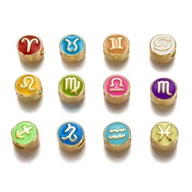 Airssory 10 mm 12 pcs Colorful Constellation Theme Enamel Brass Beads Flat Round Zodiac Sign Spacer Beads for DIY Jewellery Bracelet Necklace Earring Craft Keychain Decorations