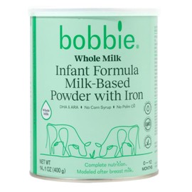 Bobbie Whole Milk, Grass Fed Infant Formula with Iron, Plant Based DHA and ARA, Vitamin D and Protein Blend Modeled After Breast Milk, For Newborn Baby to 12 Month Old, 14.1 oz