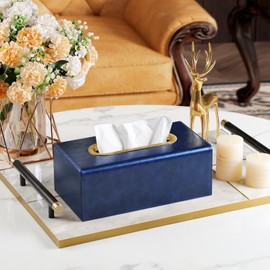 MEIBOOCH Rectangle Tissue Box Cover, Luxury PU Leather Tissue Box Holder with Magnetic Closure (Navy Blue)