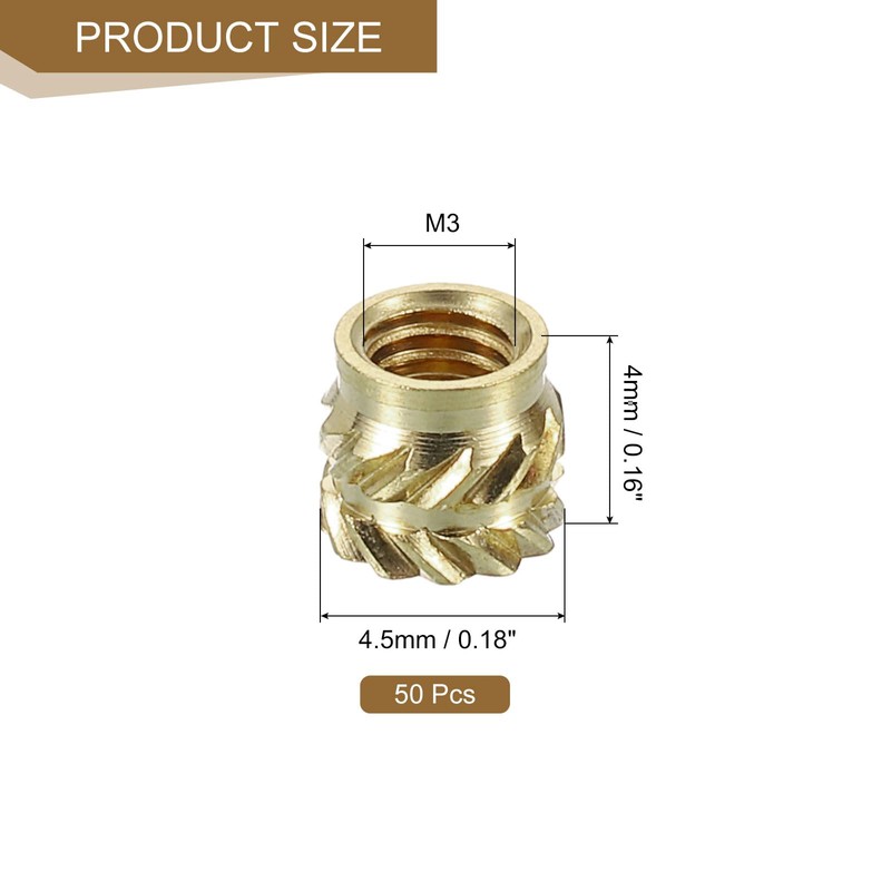 sourcing map 50Pcs M3x4x4.5mm Knurled Insert Nut, Brass Knurled Threaded