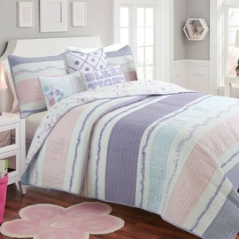 Cozy Line Home Fashions Lavender Blue Pink Ruffles Girl 100% Cotton Reversible Quilt Bedding Set, Coverlet, Bedspread (Lavender Dream, Twin - 2 Piece: 1 Quilt + 1 Sham)