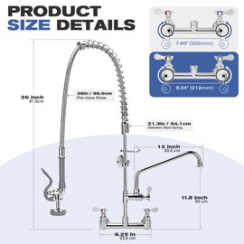 36" Height Commercial Faucet with Sprayer, Commercial Sink Faucet, 12 Inch Adjustable Center and 8" Add-on Swing Spout ，Wall Mount Kitchen Sink Faucet for Commercial Restaurant Industrial Kitchen.