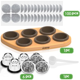 CAPMESSO Reusable Capsules for Nespresso OriginalLine, 6pcs Nespresso Refillable Pods Stainless Steel Coffee Pods Compatible with Nespresso Originaline Machine(6 Pods+100 Lids+ Wood Storage Tray)