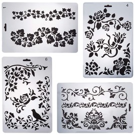 GORGECRAFT 4pcs Plastic Drawing Painting Stencils Templates Flowers Plants Graphics Stencil DIY Paper Painting Stencil Border Textile Design for Scrapbooking Diary Decoration, White