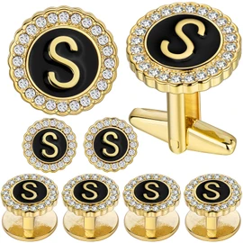 18K Gold Tone Initial Cufflinks for Men With Tuxedo Studs - Gift Boxed, Stylish Men's Jewelry Accessories for Weddings, Birthdays, Anniversaries, Father's Day, Metal