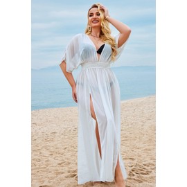 IN'VOLAND - Traje de baño de talla grande para mujer, cuello en V profundo, traje de baño, traje de baño, cubierta de bikini, vestido largo de kaftán, Blanco puro clásico, 18 Plus