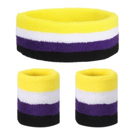 sourcing map Sweat Band Set Sports Terry Cloth Headband Wristband Set 7"x2" Moisture Wicking Sweat Absorbing Head Band for Women Men Workout Exercise (Yellow/White/Purple/Black)