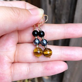 Protection 14K Gold Filled Tiger Eye Hematite Black Obsidian Gemstone Dangle Drop Earrings for Women Girls