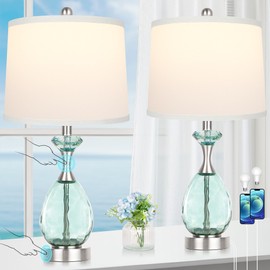 26" Coastal Glass Table Lamps Set of 2, 3-Way Dimmable Touch Control Blue Nautical Lamp with USB A+C Ports,Bedside Lamps Beach Decor , Modern Nightstand Lamps with 2 LED Bulbs for Bedroom Living Room