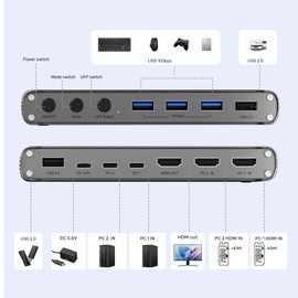 Unitek HDMI KVM Switch 1 Monitor 2 Computers 4K@30Hz USB C Switcher Sharing Keyboard Mouse Printer with 5 USB Ports 10Gbps 2 USB Cables Power Adapter PC/Mac Compatible File Drag-and-Drop Transfer