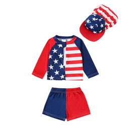 Boys Three Piece Rash Guard Swimsuits Long Sleeve Stars Stripe Print Tops Shorts Swimwear Sets with Sun Hat (Blue, 12-18 Months)
