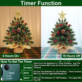 TURNMEON 18 Inch Tabletop Christmas Tree with Timer 30 Lights Battery Operated Star 12 Red Berry 4 Pinecone Realistic-Feel PE Artificial Mini Small Xmas Tree Christmas Decorations Table Home Indoor