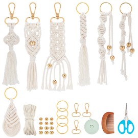 INFUNLY 7 Sets DIY Macrame Keychain Kits for Adult Beginners Macrame Wristlet Keychain Kit Twist Macrame Bag Tassel Keychain Kit with Gold Key Ring Instruction Included for Car Key Wallet Purse