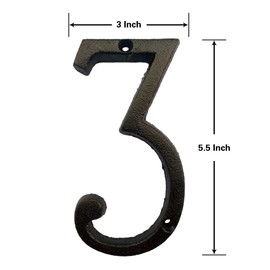BetLight 5.5 Inch High Cast Iron House Number, Solid Home Address Numbers, Elegant Black Brown Finished, Easy Install With Matching Screws, Number 3