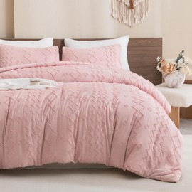 Andency Pink Tufted Comforter Set Queen(90x90Inch), 3 Pieces(1 Boho Comforter, 2 Pillowcases) Textured Farmhouse, Soft Microfiber Down Alternative Geometric Bedding Set