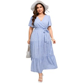 KOJOOIN Women Plus Size V Neck Wrap Maxi Dress Short Sleeves High Waist Ruffle Summer Casual Dress with Belt Blue White Dot XL