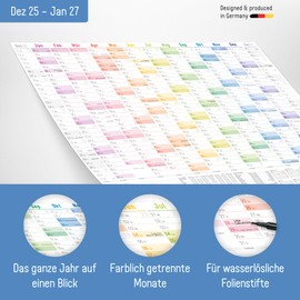 =Häfft® Wipe-Clean Wall Calendar 2026 A2 Rolled, 59.4 x 42 cm "Rainbow" 14 Months: Dec 2025 - Jan 2027, Wall Planner with Holiday and Holiday Overview - Sustainable & Climate Friendly