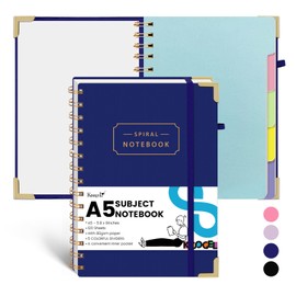 Koogel 5.8x8 Inch Subject Spiral Notebook with Tabs, 5 Subject A5 Notebook Blue Wide Ruled Journals with Dividers for Women Gift Office School