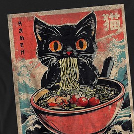 Popfunk Anime Cat Ramen Unisex Adult T Shirt, Black, Large
