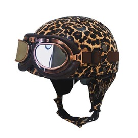 Motorcycle Half Helmets for Women,Cute Cheetah Leather, Adult Men Vintage German Style Half Shell Helmet with Visor, Moped Scooter Retro Open Face Helmet DOT Approved (Brown, X-Large)