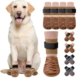 SlowTon Dog Socks with Double-Sided Grippers - 4PCS Dogs Grip Socks for Hot & Cold Pavement or Hard Floors, Non-Slip Paw Traction Protectors for Senior Small Medium Large Dogs(Brown, M)