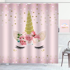 ZCHOMI - Cortina de ducha de unicornio, color rosa, floral, dorado, lunares, para niñas, para baño, tela de poliéster impermeable, cortina de baño, 72 x 72 pulgadas, con 12 ganchos de plástico