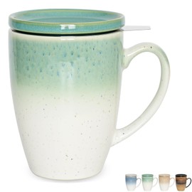 Bosmarlin Ceramic Tea Cup with Infuser and Lid, 13.5 Oz, 5 Colors to Choose, Microwave and Dishwasher Safe, Steeping Tea Mug with Strainer, Reactive Glaze (Green)