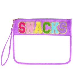 Rthjsfj Chenille Letter Bag, Clear Stuff Travel Pouch Makeup Bags with Zipper, Nylon Clear Cosmetic Toiletry Bag for Women Girls (Purple-Snacks)